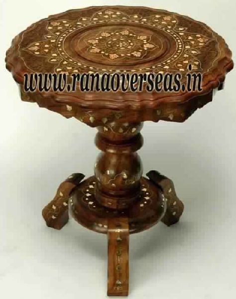 Sheesham Wood Hand Carved Brass Inlay Pillar Table