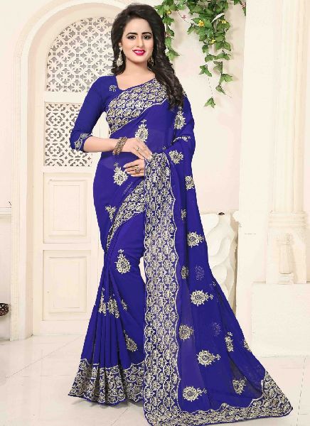 Georgette Printed Hand Work Blue Saree