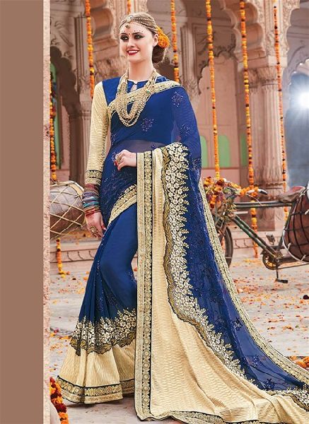 Diva Blue And Beige Colored Georgette And Lycra Saree