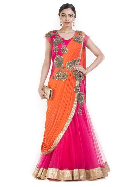 Pink And Orange Colored Net Gown Saree