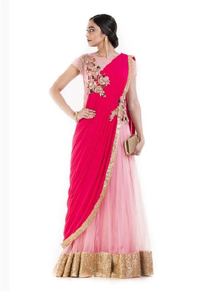 Pink Colored Georgette Gown Saree