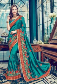 Teal Colored Satin Silk Embroidered Saree.