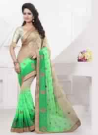Viva N Diva Beige And Green Colored Chiffon Saree