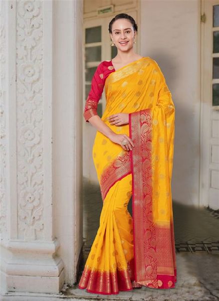 Yellow Colored Banarasi Silk Saree.