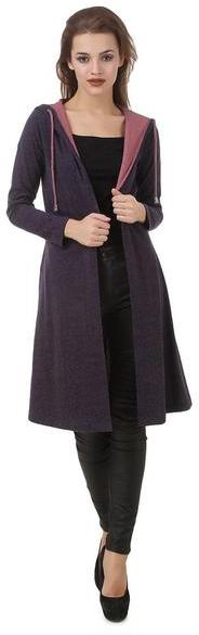 Melange Long Sleeve Winter Hooded Shrug, Pattern : Self design