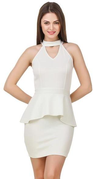 Women Cut Out Neck Off White Party Dress