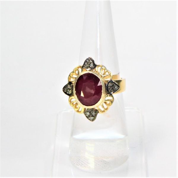 HANDMADE DIAMOND RUBY 925 SILVER GOLD PLATED RING