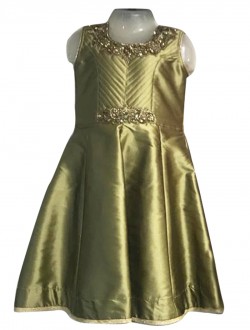 Green Silk Party Wear Embroidery Work Kids Gown