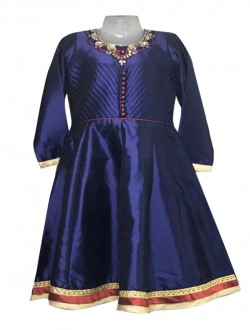 Navy Blue Silk Party Wear Embroidery Work Kids Gown