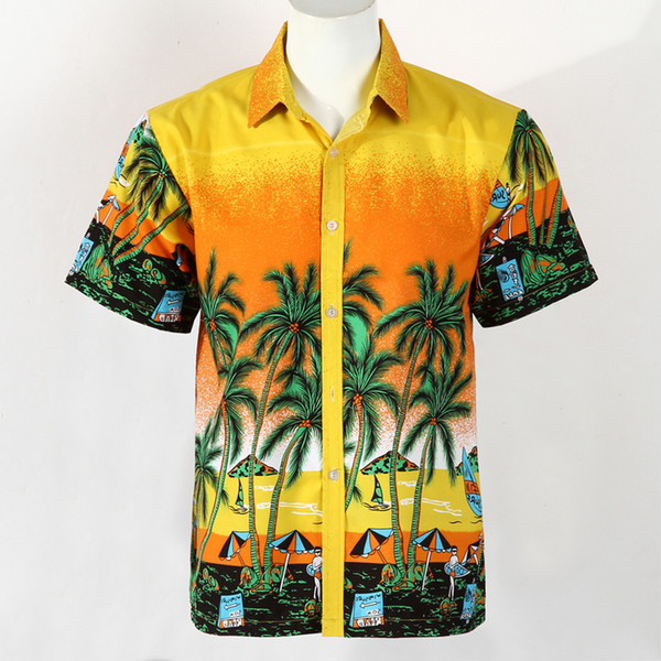 Rayon Hawaiian Shirt Flowers & Palm Tree Pattern