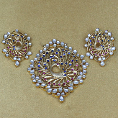 Pure Silver Gold Polishing Peacock Pendant Set