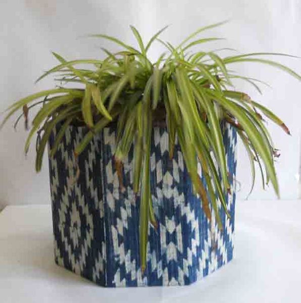 Blue printed cotton fabric stitched planter