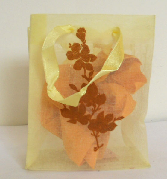 Yellow color with brown flock print organza fabric bag