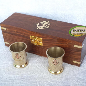 Shot Glass Set Nautical Anchor With Brass Cups and Wooden Box