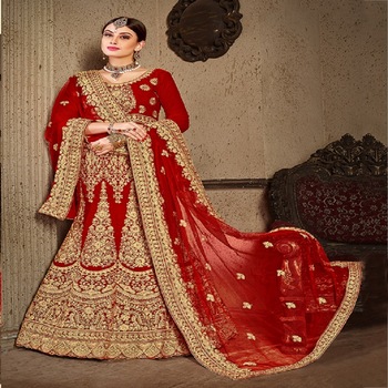Rajasthani Look Red Color Foil Print Dola Silk Lehenga Choli –