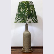 Jute Threaded Glass Lamp Holder with Wooden Base and Palm Leaf Shade