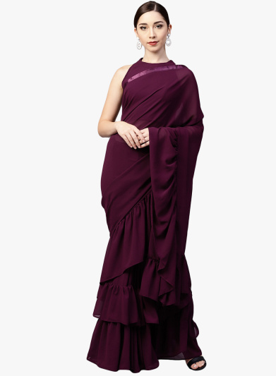 Burgundy Poly Georgette Solid Saree