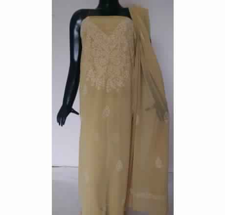 KIA BEIGE FULL PANEL EMBROIDERED FAUXGEORGETTE SUIT MATERIAL