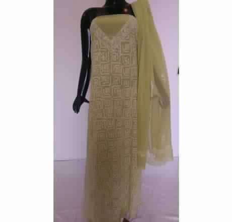 KIA SOFT MEHNDI GREEN FULL PANEL EMBROIDERED FAUXGEORGETTE SUIT MATERIAL