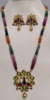 multi coloured natural beads with gold beads necklace set