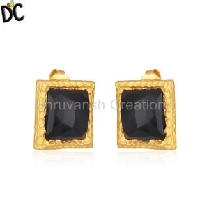 Black Onyx Gemstone Gold Plated 925 Silver Square Girls Stud Earrings