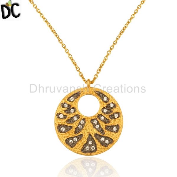 Cz Yellow Gold Plated Textured 925 Silver Chain Pendant