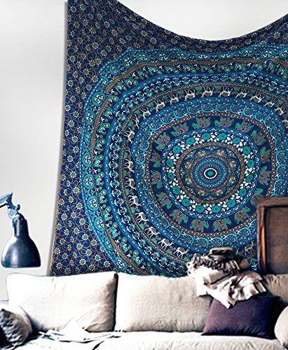Blue Elephant Mandala Bohemian Bedspread Queen Sized Tapestry