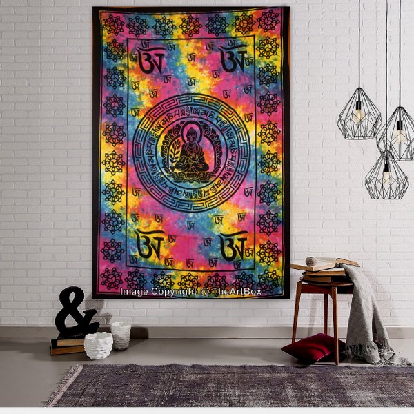 Lord Buddha Om Printed Twin Sized Wall Hanging Tapestry