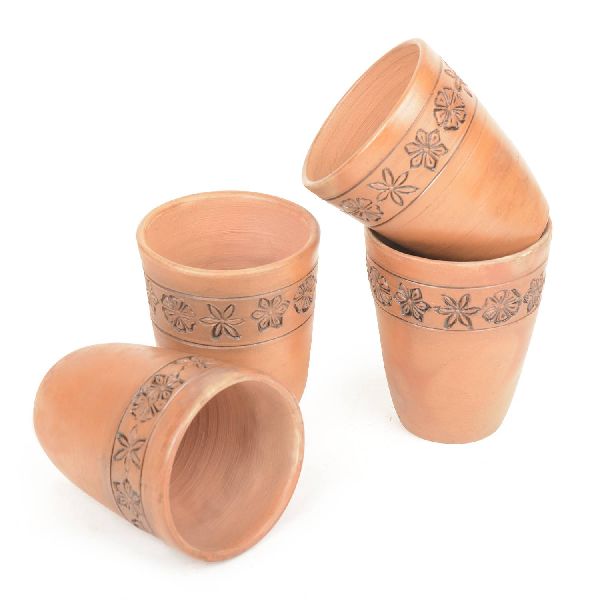Ornately Designed Handcrafted Clay Glass-Set of 4
