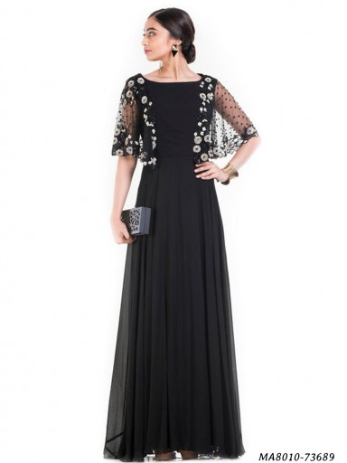 Black Georgette Embroidery Party Maxi Cape Dress
