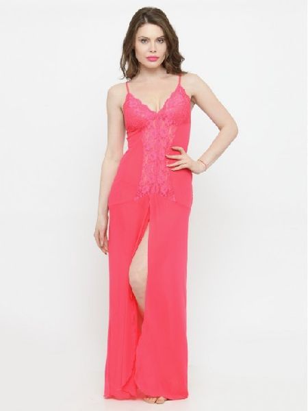 Deep Neck Pink Rose Lace Nighty Bridal Night Dress Nightwear with G-String