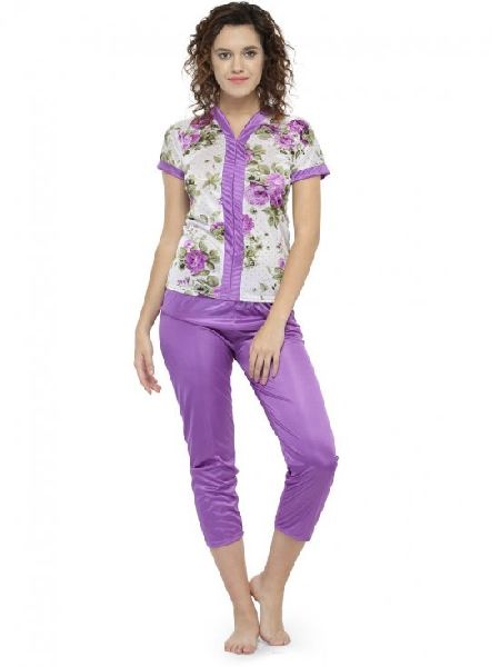 Floral Print Purple Satin Top Pyjama Set Loungewear Nightwear Night suit