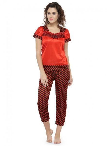 Women Short Sleeves Polka Dot Print Red Satin Top Pyjama Set Loungewear Nightwear Night suit