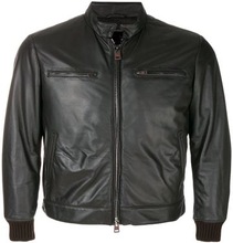 Black Zipped Bomber Leather Jacket, Technics : YARN DYED