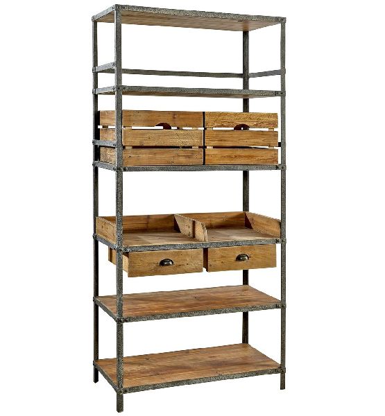 INDUSTRIAL METAL AND WOOD BOOKCASE WITH STORAGE BIN