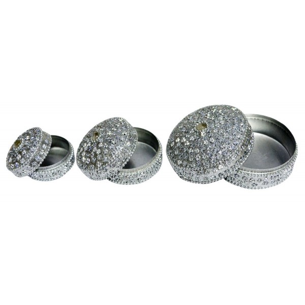 ROUND SHAPE ETHNIC GLITTER WORK JEWELERY BOXES LAC ITEM SILVER