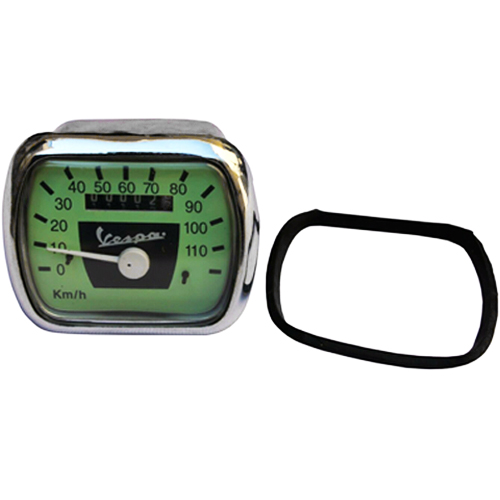 Vespa VM /VN / VL Acma Speedometer 110 Kmh Green / Black Face Stain Steel Rim