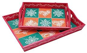 Wooden Handicraft Serving Tray Set, Feature : Attractive Pattern, Durable, Eco Friendly, Fine Finshed