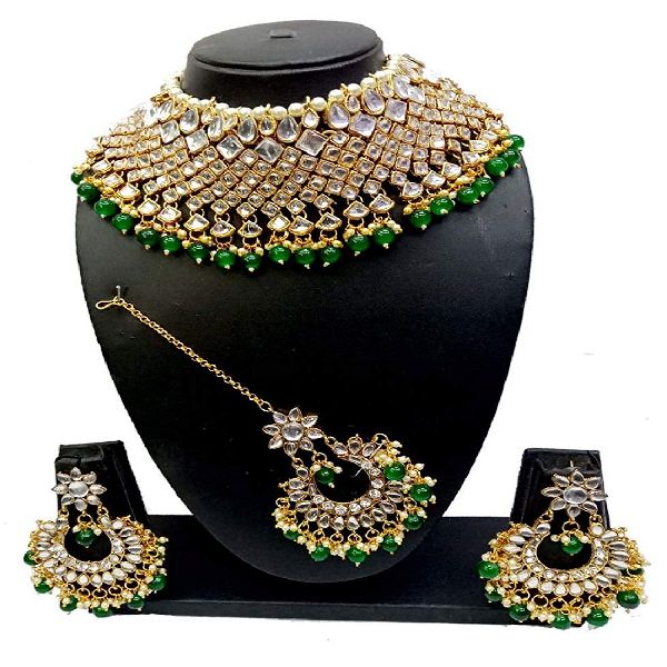 Ankur benuiling gold plated green beads and kundan wedding necklace set for women