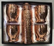 Copper Hammered Bottle With 4 Curved Tumbler Gift Set