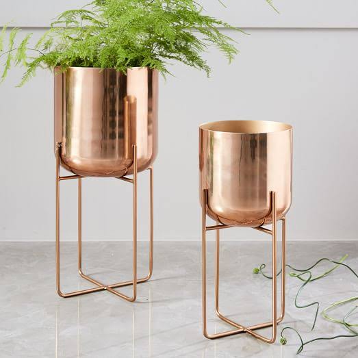 Round Polished Copper Planter With Stand