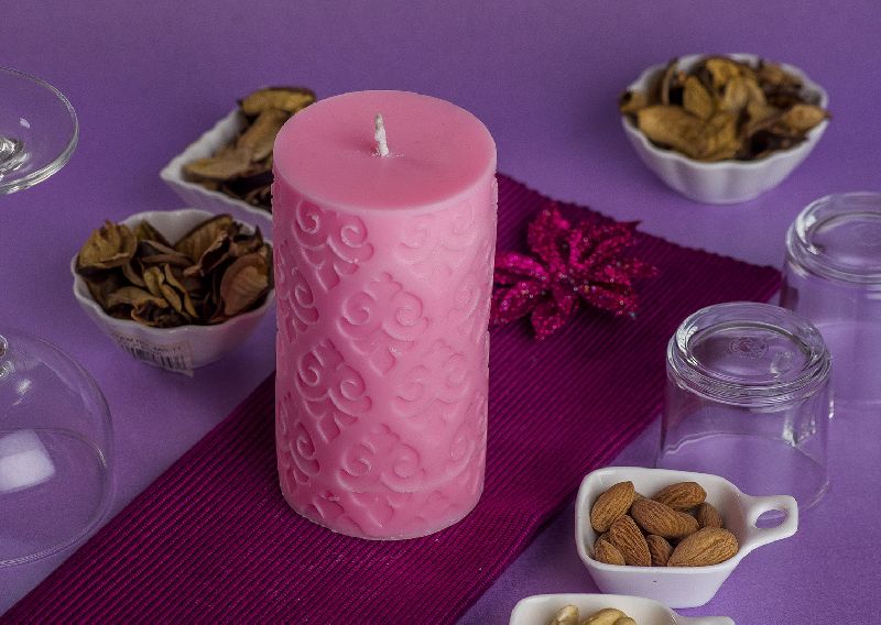Embossed Pillar Motif Pink Candle