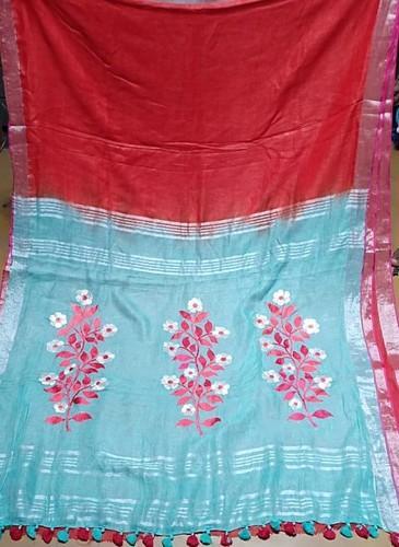 Embroidered Linen Saree, Feature : Comfortable, Impeccable Finish
