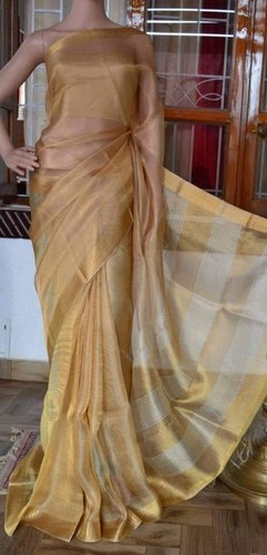Plain Golden Tissue Linen Saree, Occasion : Party Wear