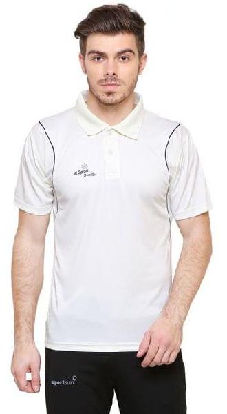 Half Sleeve Mens Off White Cricket Polyester T-Shirt, Pattern : Plain