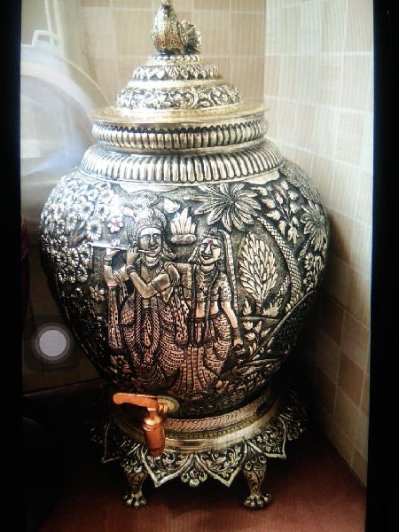 Handicraft Metal Temple Pot with Tap, for Home Decor, Style : Antique