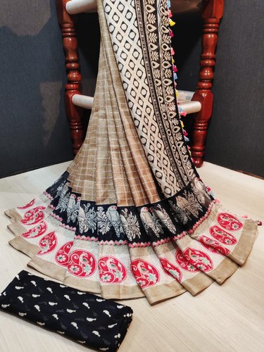 Stitched Linen jute silk saree, for Dry Cleaning, Pattern : Printed