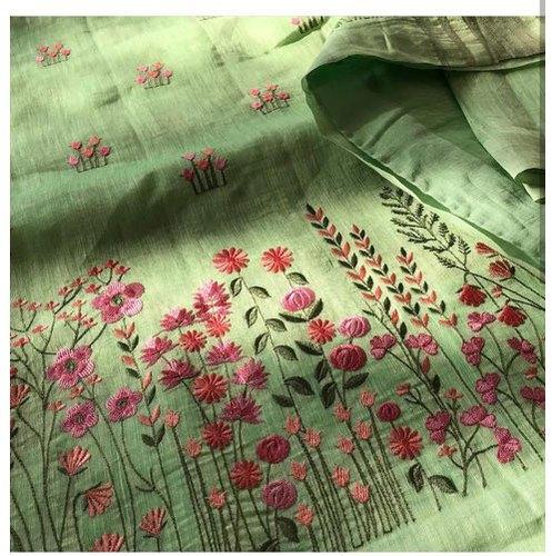  Floral Embroidered Linen Saree, Occasion : Party Wear