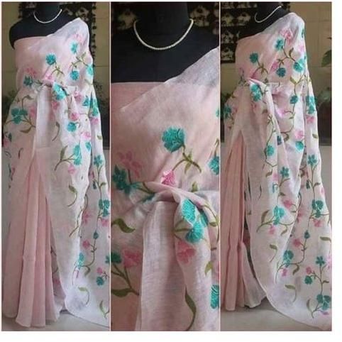 Embroidered Festive Wear Linen Saree, Color : Pink (Base)
