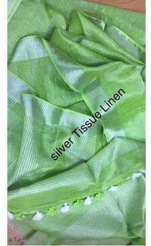  Plain Green Tissue Linen Saree, Saree Length : 6.4 m
